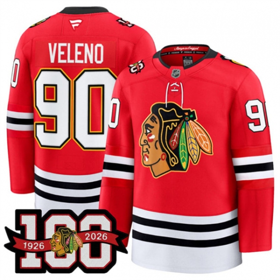 Men's Chicago Blackhawks #90 Joe Veleno Red 2025 Home 100th Anniversary Stitched Hockey Jersey - Ujersey