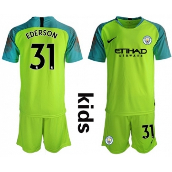 Manchester City #31 Ederson Shiny Green Goalkeeper Kid Soccer Club Jersey