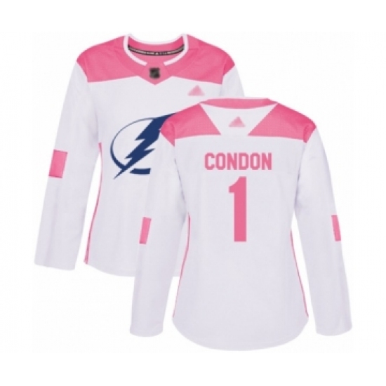 Women's Tampa Bay Lightning #1 Mike Condon Authentic White Pink Fashion Hockey Jersey - Ujersey