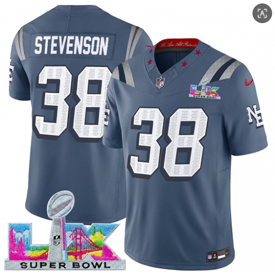 Men's New England Patriots #38 Rhamondre Stevenson Storm Blue 2025 F.U.S.E. Super Bowl LX “Rivalries” Vapor Limited Football Stitched Jersey