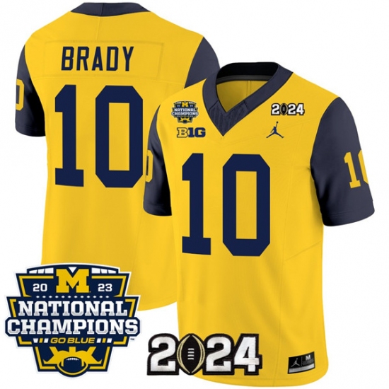 Men's Michigan Wolverines #10 Tom Brady Yellow Navy 2024 F.U.S.E. With 2023 National Champions Stitched Jersey - Ujersey