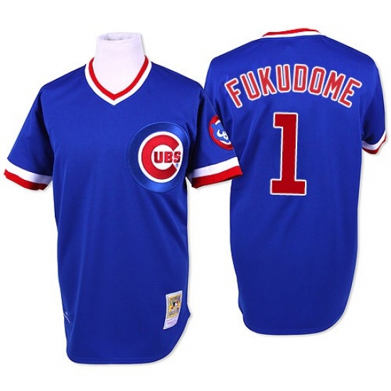 Men's Mitchell and Ness Chicago Cubs #1 Kosuke Fukudome Authentic Blue Throwback MLB Jersey - Ujersey
