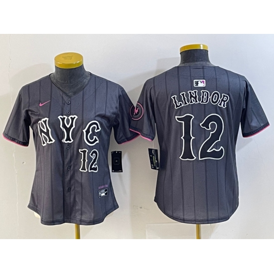 Women's New York Mets #12 Francisco Lindor Number Grey 2024 City Connect Cool Base Stitched Jersey - Ujersey