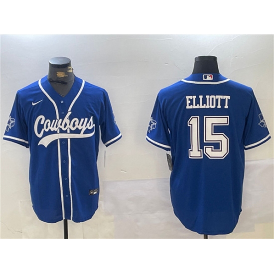 Men's Dallas Cowboys #15 Ezekiel Elliott Royal With Cool Base Stitched Baseball Jersey - Ujersey