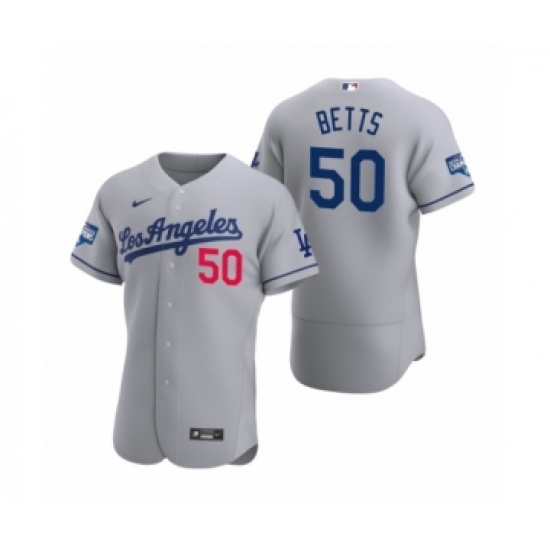 Men's Los Angeles Dodgers #50 Mookie Betts Gray 2020 World Series Champions Road Authentic Jersey - Ujersey