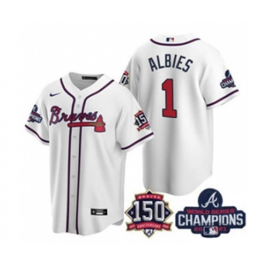 Men's Atlanta Braves #1 Ozzie Albies 2021 White World Series Champions With 150th Anniversary Patch Cool Base Stitched Jersey - Ujersey