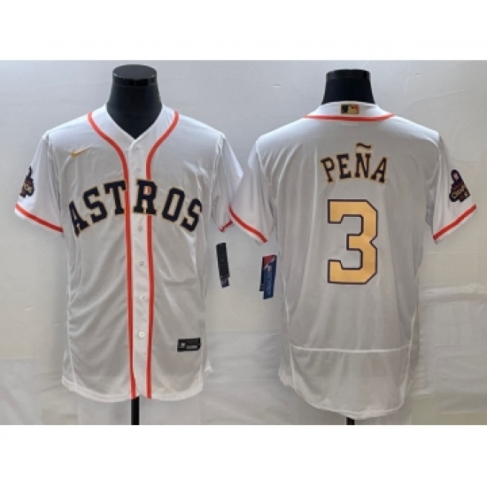 Men's Houston Astros #3 Jeremy Pena 2023 White Gold World Serise Champions Flex Base Stitched Jersey - Ujersey
