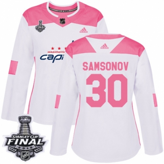 Women's Adidas Washington Capitals #30 Ilya Samsonov Authentic White/Pink Fashion 2018 Stanley Cup Final NHL Jersey - Ujersey