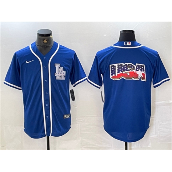 Men's Los Angeles Dodgers Team Big Logo Blue Cool Base Stitched Baseball Jersey - Ujersey