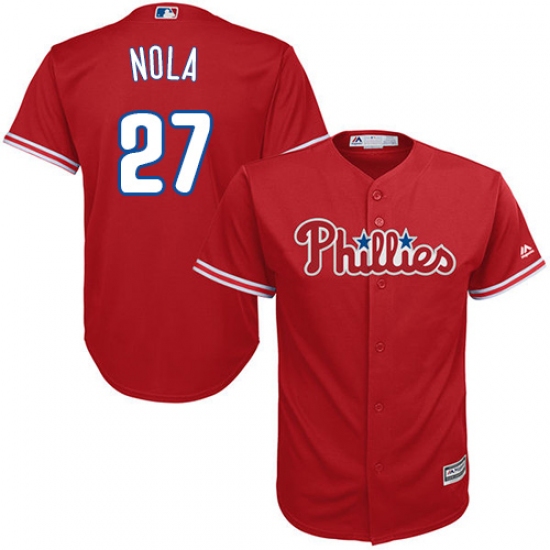 Youth Majestic Philadelphia Phillies #27 Aaron Nola Replica Red Alternate Cool Base MLB Jersey - Ujersey