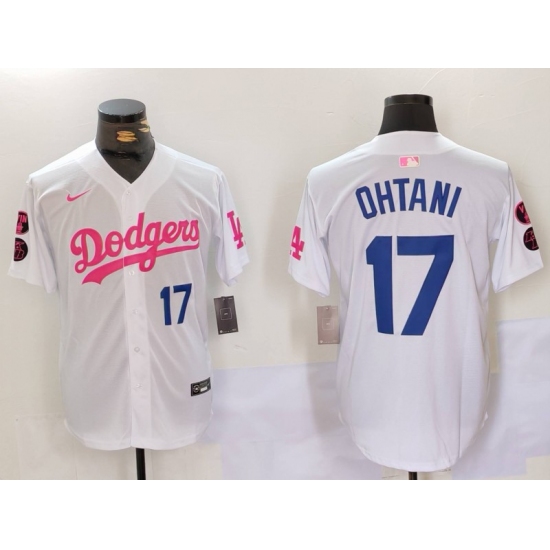 Men's Los Angeles Dodgers #17 Shohei Ohtani White Pink Vin & Kobe Stitched Baseball Jersey1 - Ujersey