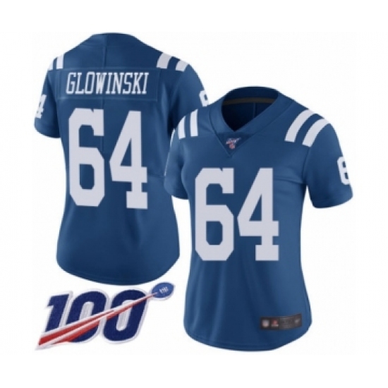 Women's Indianapolis Colts #64 Mark Glowinski Limited Royal Blue Rush Vapor Untouchable 100th Season Football Jersey