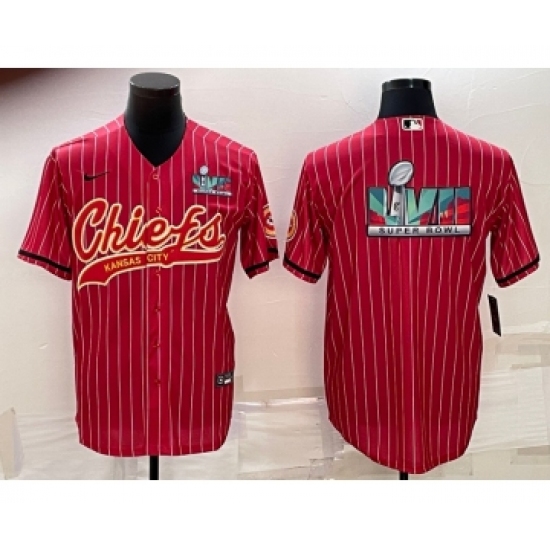 Men's Kansas City Chiefs Red With Super Bowl LVII Big Logo Cool Base Stitched Baseball Jersey - Ujersey