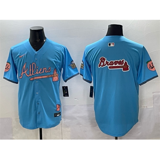 Men's Atlanta Braves Team Big Logo Blue 2024 Atliens & Peach With Outkast Vapor Limited Stitched Baseball Jersey - Ujersey
