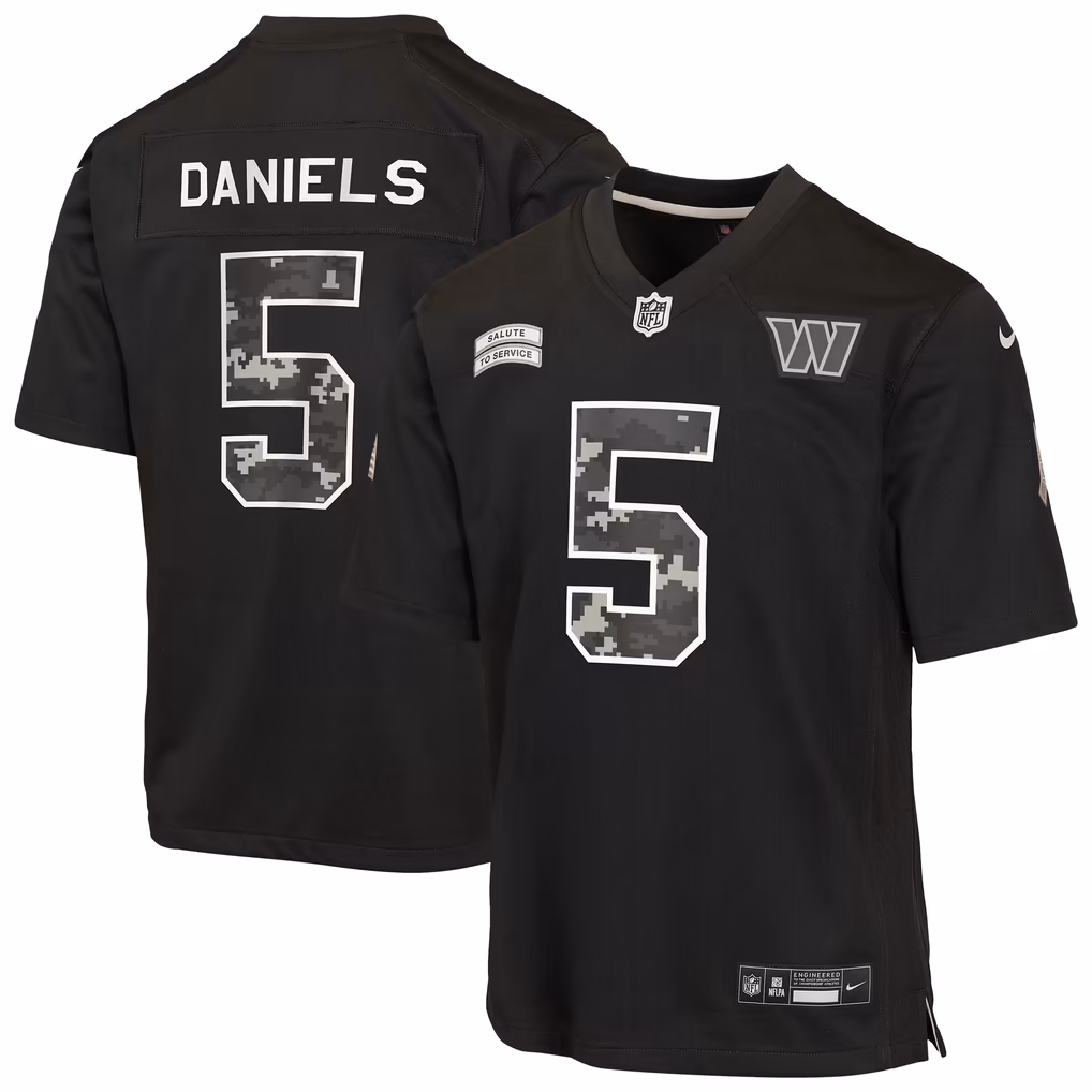 Youth Washington Commanders Jayden Daniels Nike Black 2026 Salute to Service Game Jersey - Ujersey