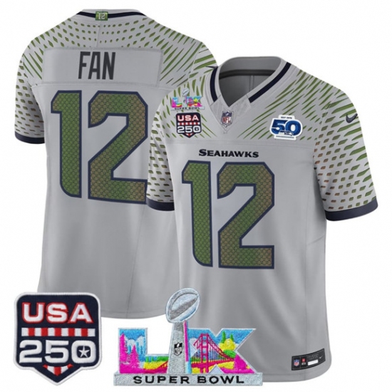 Men's Seattle Seahawks #12 Fan Gray 2025 F.U.S.E. Super Bowl LX & US 250th anniversary And 50th Season“Rivalries” Vapor Limited Football Stitched Jersey - Ujersey