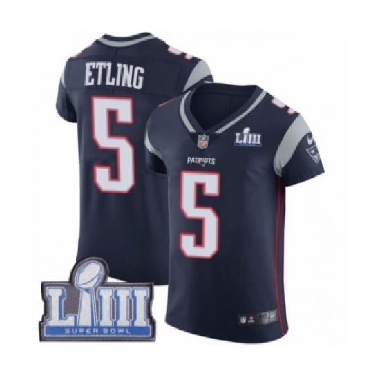 Men's Nike New England Patriots #5 Danny Etling Navy Blue Team Color Vapor Untouchable Elite Player Super Bowl LIII Bound NFL Jersey - Ujersey
