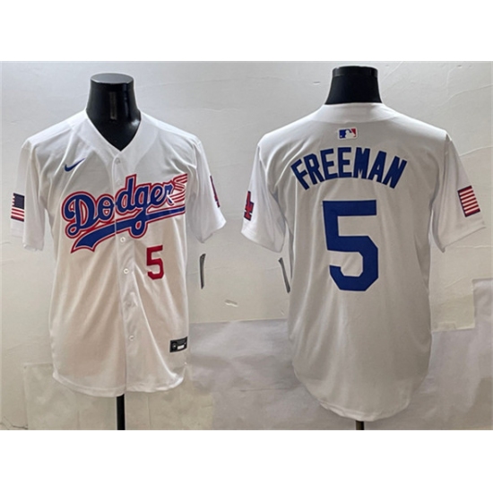 Men's Los Angeles Dodgers #5 Freddie Freeman White With American Flag Limited Stitched Baseball Jersey - Ujersey