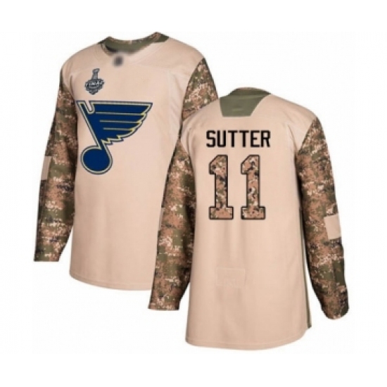 Youth St. Louis Blues #11 Brian Sutter Authentic Camo Veterans Day Practice 2019 Stanley Cup Final Bound Hockey Jersey - Ujersey