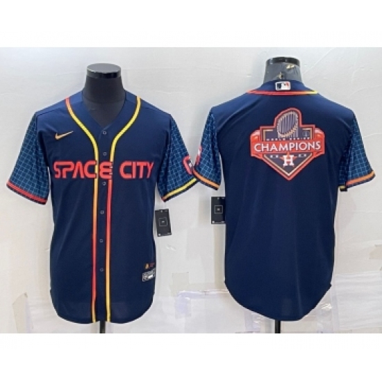 Men's Houston Astros Navy Blue City Connect Champions Big Logo With Patch Stitched MLB Cool Base Nike Jersey - Ujersey