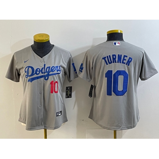 Women's Los Angeles Dodgers #10 Justin Turner Number Grey Cool Base Stitched Nike Jersey - Ujersey