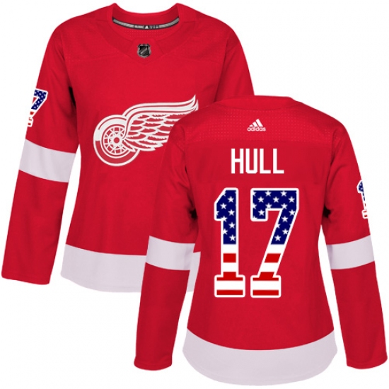 Women's Adidas Detroit Red Wings #17 Brett Hull Authentic Red USA Flag Fashion NHL Jersey - Ujersey
