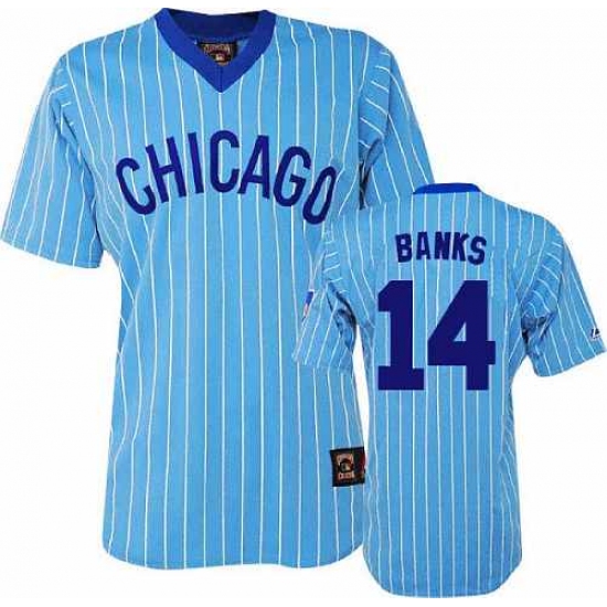 Men's Majestic Chicago Cubs #14 Ernie Banks Authentic Blue/White Strip Cooperstown Throwback MLB Jersey