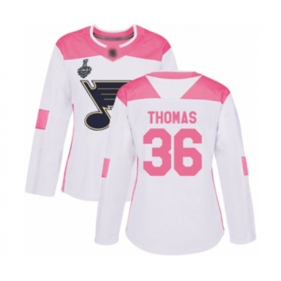 Women's St. Louis Blues #36 Robert Thomas Authentic White Pink Fashion 2019 Stanley Cup Final Bound Hockey Jersey - Ujersey