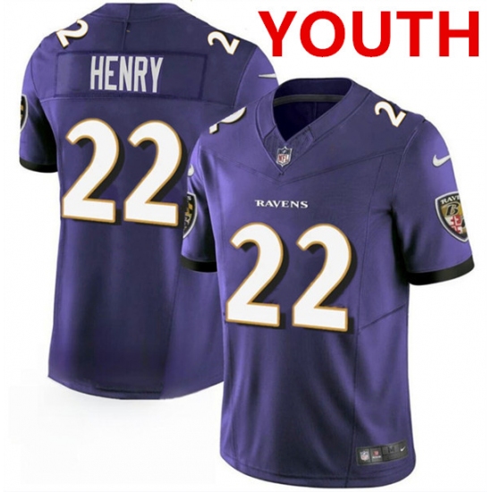Youth Baltimore Ravens #22 Derrick Henry Purple 2023 F.U.S.E. Football Stitched Jersey