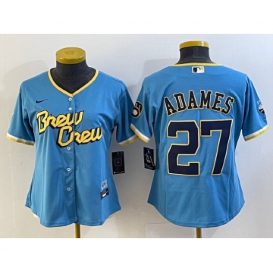 Women's Milwaukee Brewers #27 Willy Adames Blue 2022 City Connect Cool Base Stitched Jersey - Ujersey