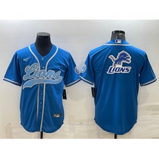 Men's Detroit Lions Blue Team Big Logo With Patch Cool Base Stitched Baseball Jersey - Ujersey
