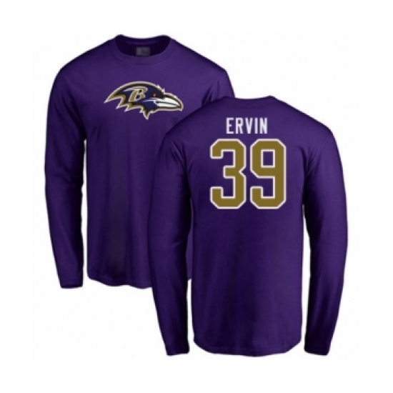 Football Baltimore Ravens #39 Tyler Ervin Purple Name & Number Logo Long Sleeve T-Shirt - Ujersey