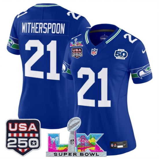 Women's Seattle Seahawks #21 Devon Witherspoon Royal 2025 F.U.S.E. Super Bowl LX And 50th Season & USA 250 Vapor Throwback Limited Stitched Football Jersey - Ujersey