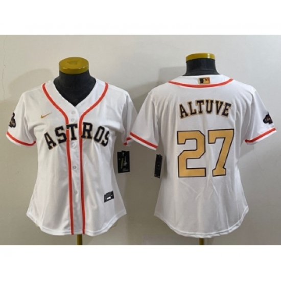 Women's Houston Astros #27 Jose Altuve 2023 White Gold World Serise Champions Cool Base Stitched Jersey - Ujersey