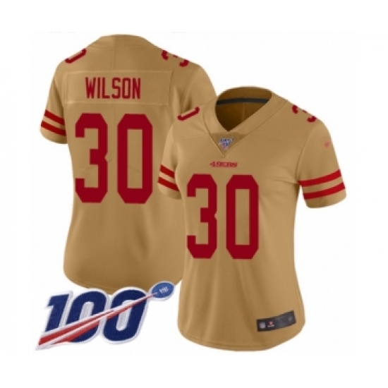 Women's San Francisco 49ers #30 Jeff Wilson Limited Gold Inverted Legend 100th Season Football Jersey - Ujersey