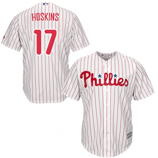 Youth Majestic Philadelphia Phillies #17 Rhys Hoskins Authentic White/Red Strip Home Cool Base MLB Jersey - Ujersey