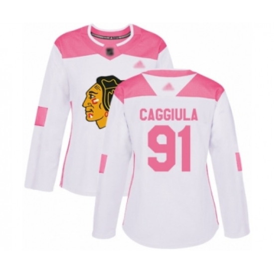 Women's Chicago Blackhawks #91 Drake Caggiula Authentic White Pink Fashion Hockey Jersey - Ujersey
