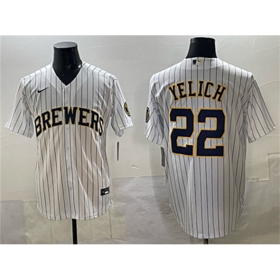 Men's Milwaukee Brewers #22 Christian Yelich White Pinstripe 2025 With Stitched Jersey - Ujersey