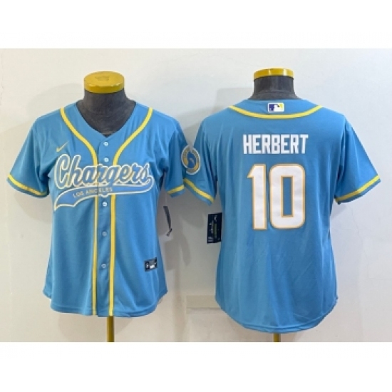 Women's Los Angeles Chargers #10 Justin Herbert Blue With Patch Cool Base Stitched Baseball Jersey - Ujersey