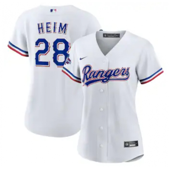 Women's Texas Rangers #28 Jonah Heim Nike White Home 2023 World Series Champions Replica Player Jersey