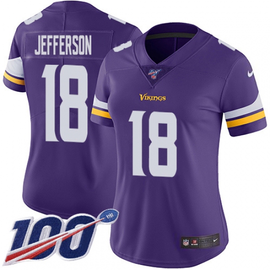 Women's Minnesota Vikings #18 Justin Jefferson Purple Team Color Stitched NFL 100th Season Vapor Untouchable Limited Jersey - Ujersey