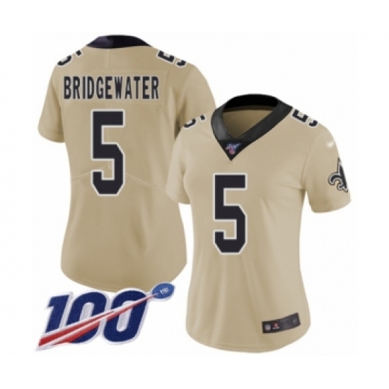 Women's New Orleans Saints #5 Teddy Bridgewater Limited Gold Inverted Legend 100th Season Football Jersey - Ujersey