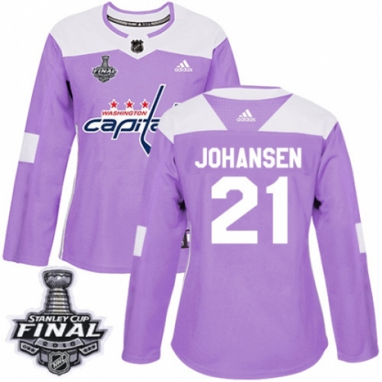 Women's Adidas Washington Capitals #21 Lucas Johansen Authentic Purple Fights Cancer Practice 2018 Stanley Cup Final NHL Jersey