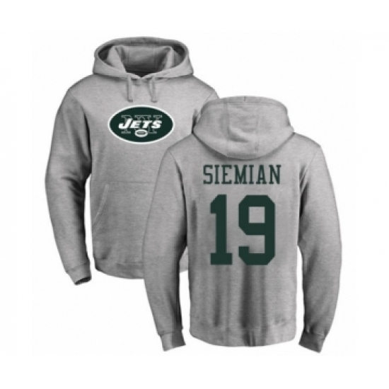 Football New York Jets #19 Trevor Siemian Ash Name & Number Logo Pullover Hoodie - Ujersey