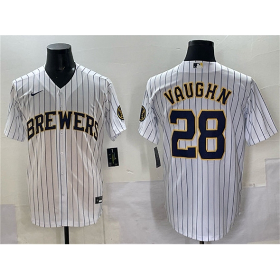 Men's Milwaukee Brewers #28 Andrew Vaughn White Pinstripe 2025 With Stitched Baseball Jersey - Ujersey