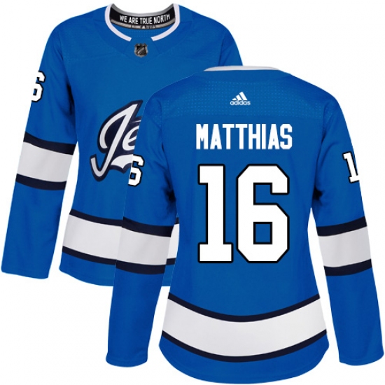 Women's Adidas Winnipeg Jets #16 Shawn Matthias Authentic Blue Alternate NHL Jersey - Ujersey