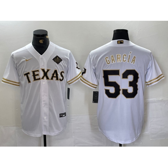 Men's Texas Rangers #53 Adolis Garcia White Gold Cool Base Stitched Baseball Jersey - Ujersey