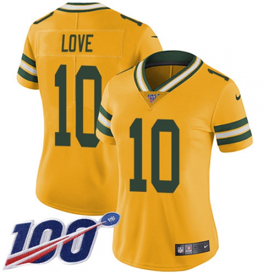 Women's Green Bay Packers #10 Jordan Love Yellow Stitched NFL Limited Rush 100th Season Jersey - Ujersey