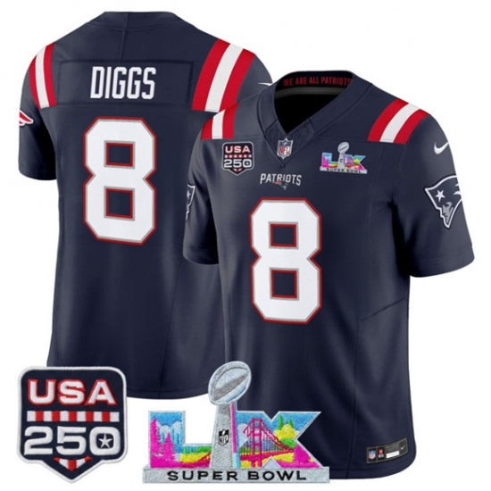 Men's New England Patriots #8 Stefon Diggs Navy 2025 F.U.S.E. Super Bowl LX And USA 250 Vapor Limited Football Stitched Jersey - Ujersey
