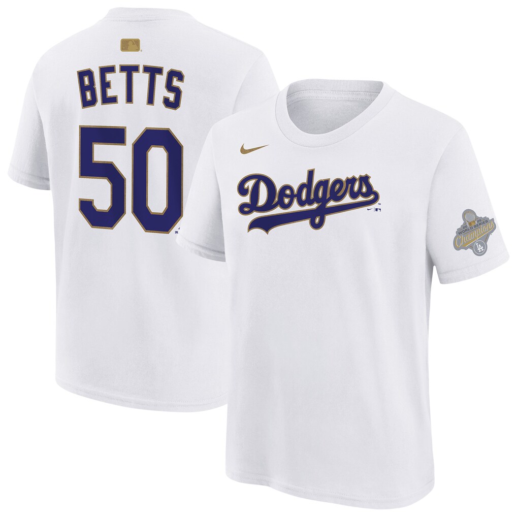 Youth Los Angeles Dodgers Mookie Betts Nike White 2026 Gold Collection Name & Number T-Shirt - SUjersey01